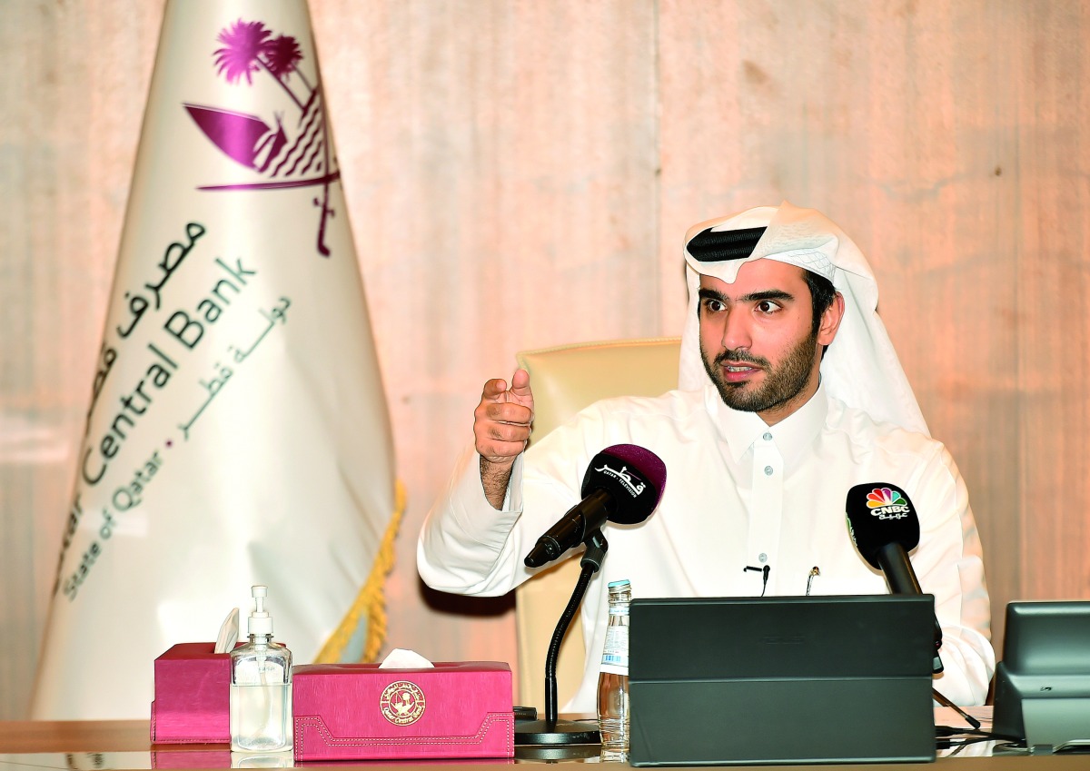 QCB Assistant Governor for Market Development and Innovation and Assistant Governor for Financial Instruments and Payment Systems, H E Sheikh Ahmed bin Khalid Al Thani speaking during the event held at QCB headquarters, yesterday. Pic: Abdul Basit