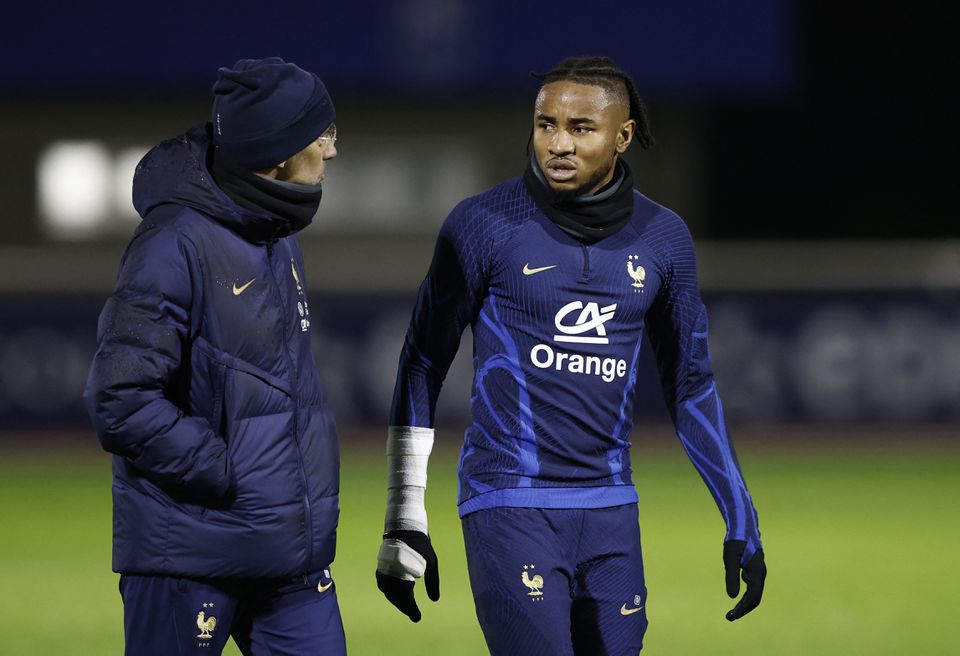 File photo: France's Christopher Nkunku (R) during training. Reuters/Benoit Tessier 