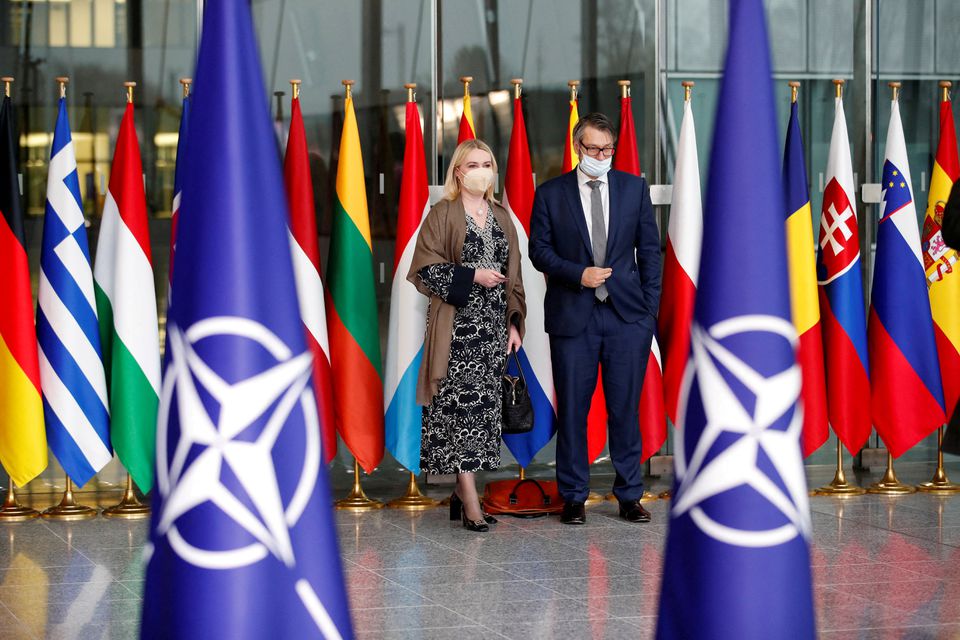 Czech Defence Minister Jana Cernochova (left) attends a NATO Defence Ministers meeting in Brussels, Belgium, February 16, 2022. REUTERS/Johanna Geron/File Photo
