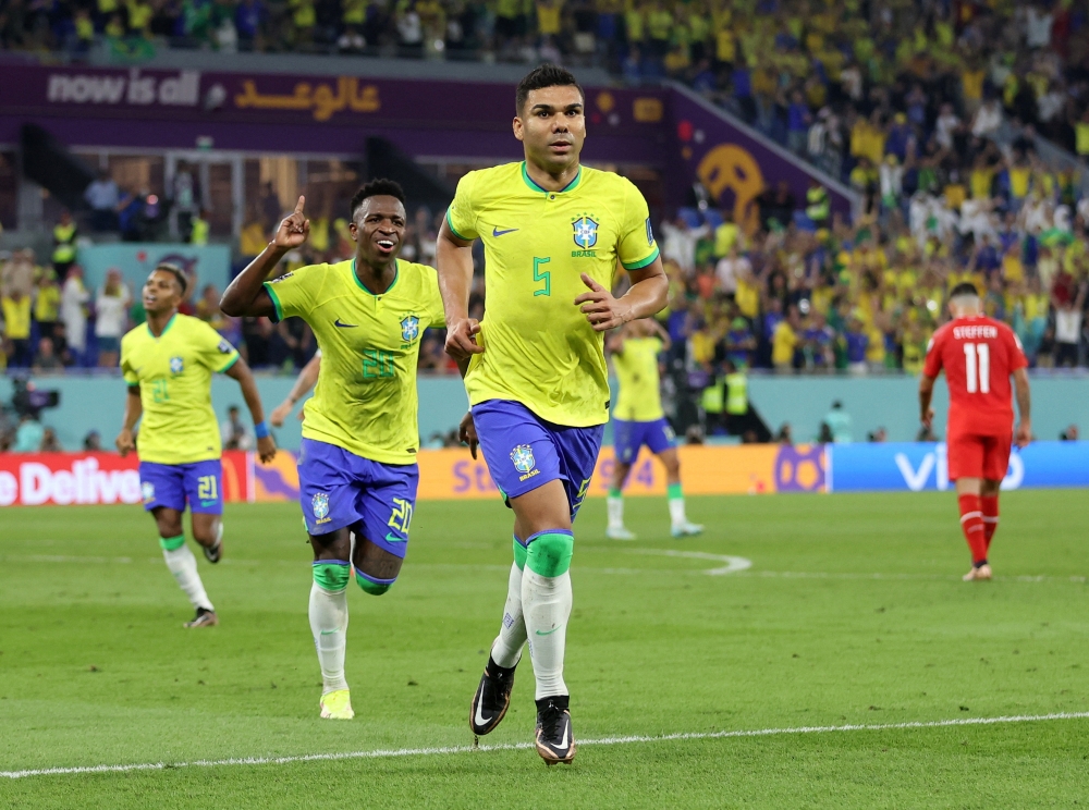 Brazil's Casemiro celebrates scoring the only goal of the match during their FIFA World Cup Qatar 2022 Group G match against Switzerland at the Stadium 974, Doha, Qatar, on November 28, 2022. REUTERS/Carl Recine