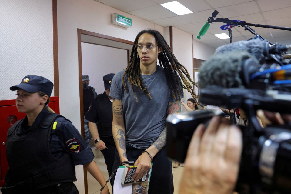 US basketball player Brittney Griner, who was detained at Moscow's Sheremetyevo airport and later charged with illegal possession of cannabis, is escorted before the verdict in Khimki outside Moscow, Russia, on August 4, 2022. File Photo / Reuters