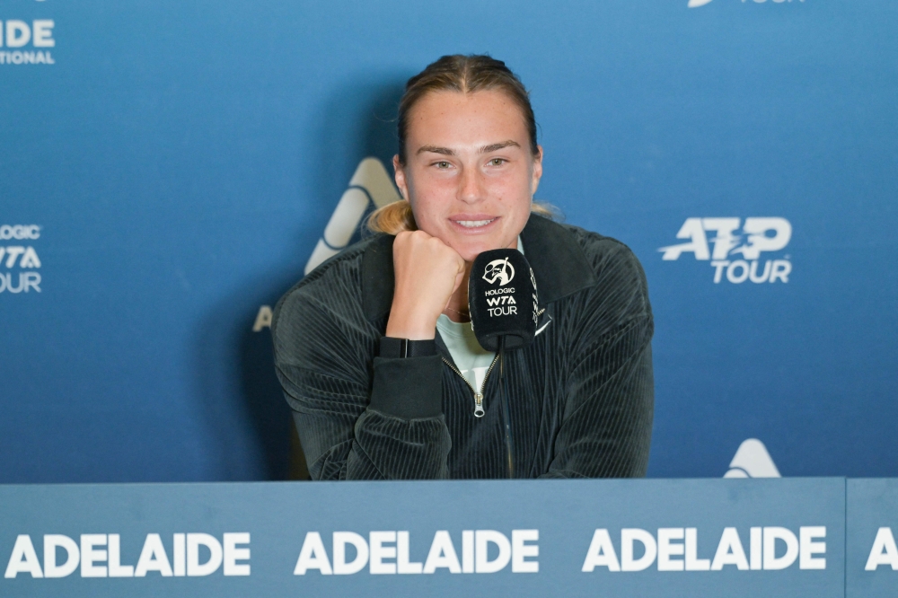 Belarusian tennis player Aryna Sabalenka attends a press conference ahead of the ATP Adelaide International tournament in Adelaide on December 31, 2022. (Photo by Brenton EDWARDS / AFP)