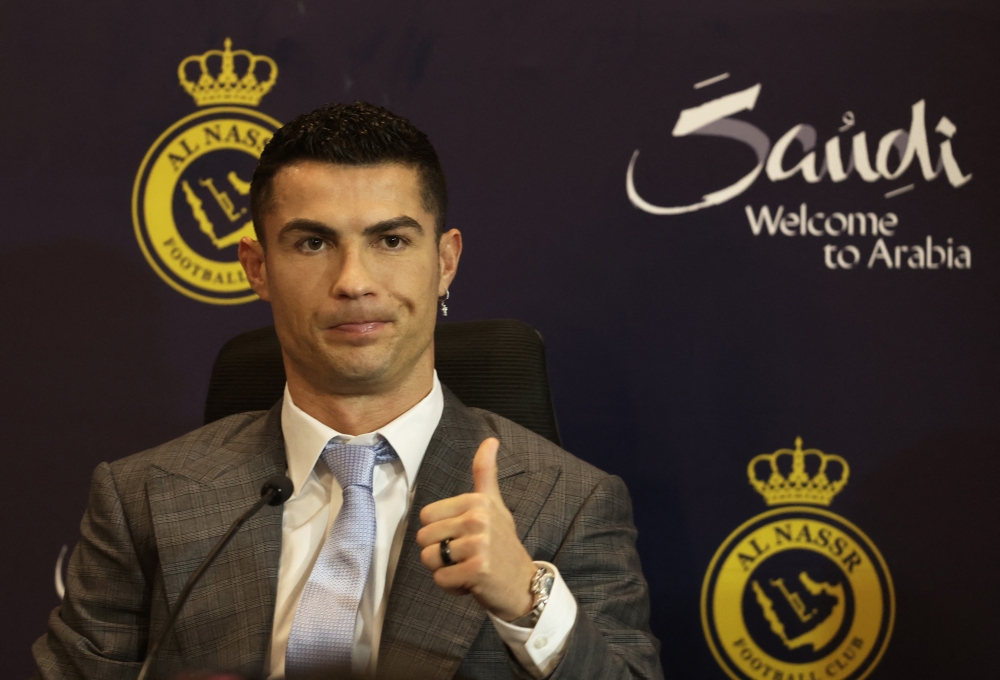 Cristiano Ronaldo during a press conference at the Al Nassr signing ceremony at Mrsool Park, Riyadh, Saudi Arabia, January 3, 2023. (REUTERS/Ahmed Yosri)