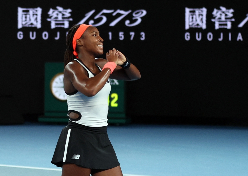 January 18, 2023 Coco Gauff of the U.S. celebrates winning her second round match against Britain's Emma Raducanu REUTERS/Loren Elliott