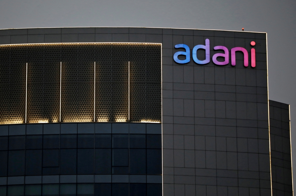 The logo of the Adani Group is seen on the facade of one of its buildings on the outskirts of Ahmedabad, India, on April 13, 2021. File Photo / Reuters