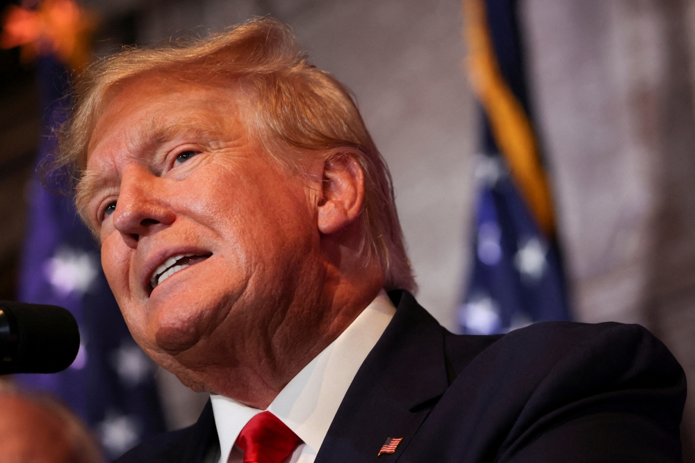 Former US President Donald Trump speaks during a campaign stop to unveil his leadership team, at the South Carolina State House in Columbia, South Carolina, US, on January 28, 2023. REUTERS/Shannon Stapleton

