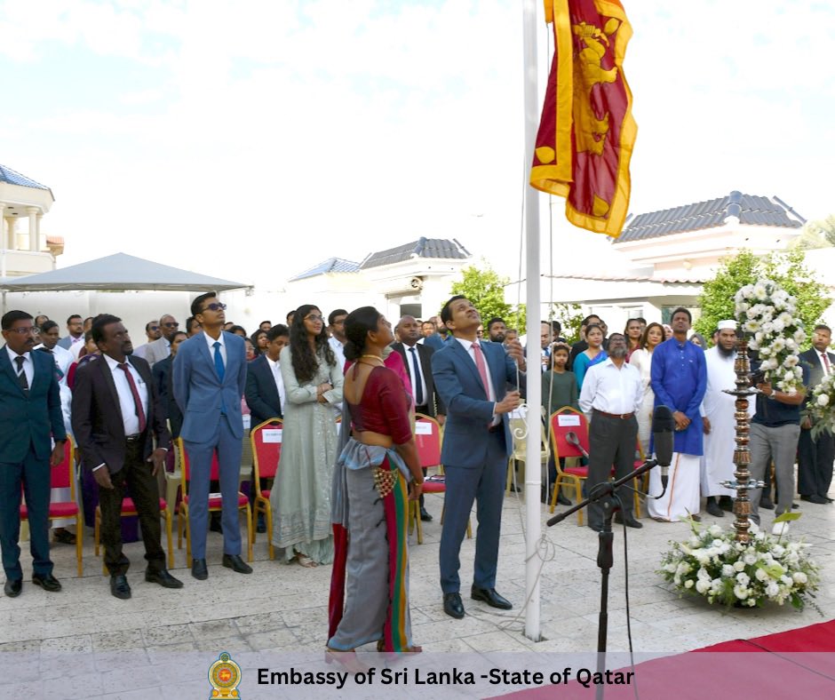 Ambassador of Sri Lanka to Qatar H E Mohamed  Mafaz Mohideen hoisting the national flag to mark the country’s Independence Day yesterday.