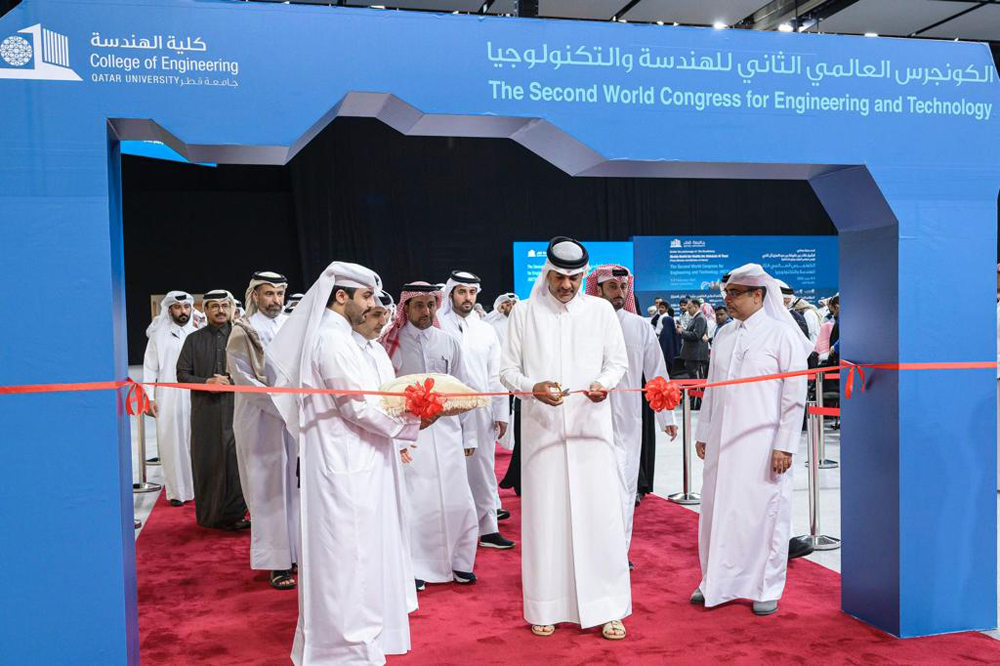 Prime Minister and Minister of Interior H E Sheikh Khalid bin Khalifa bin Abdulaziz Al Thani inaugurating an exhibition at the Second World Congress of Engineering and Technology yesterday. 