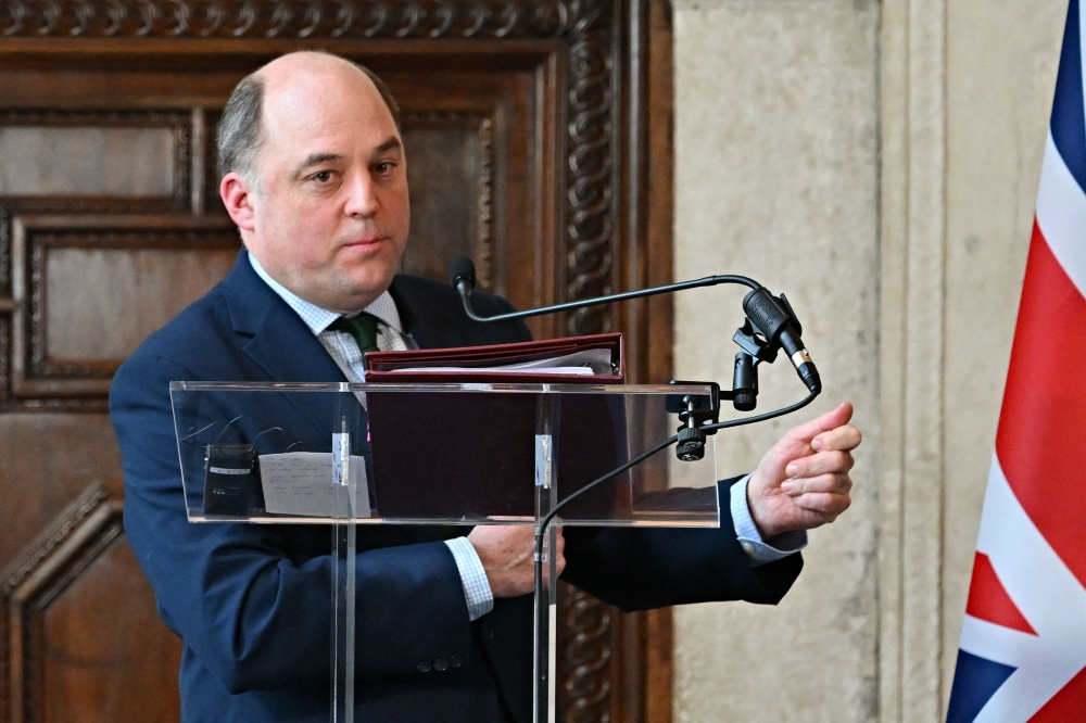 British Defence Secretary Ben Wallace attends during a press conference at the end of a meeting of the Ministers of Foreign Affairs and Defence of the Italian Republic and the United Kingdom of Great Britain and Northern Ireland, at Villa Madama in central Rome, on February 9, 2023. (Photo by Andreas SOLARO / AFP)