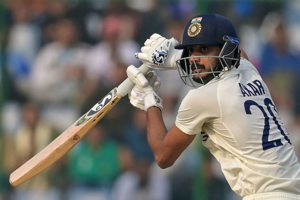India's Axar Patel plays a shot during the second day of the second Test cricket match between India and Australia at the Arun Jaitley Stadium in New Delhi on February 18, 2023. (Photo by Money Sharma / AFP) 