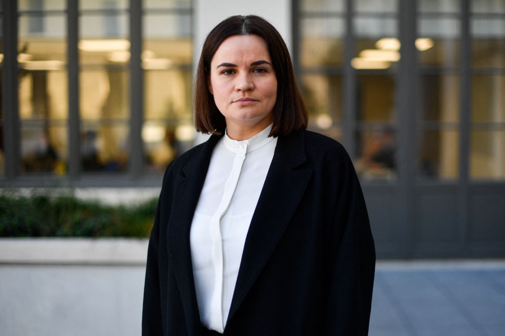 In this file photo taken on October 07, 2022 exiled Belarusian opposition leader Svetlana Tikhanovskaya poses after giving a press conference at Sciences Po's school in Paris.  (Photo by JULIEN DE ROSA / AFP)
