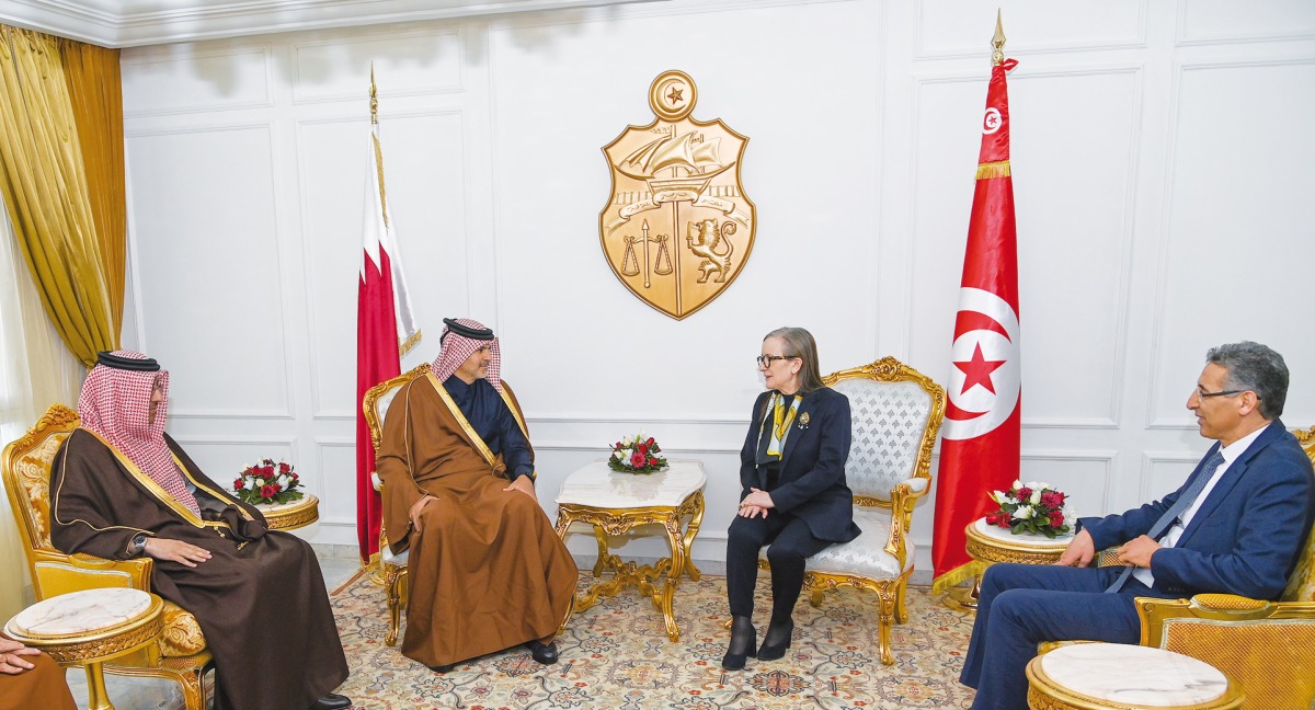 Prime Minister and Minister of Interior H E Sheikh Khalid bin Khalifa bin Abdulaziz Al Thani (second left) meeting Tunisian Prime Minister H E Najla Bouden Romdhane.  
