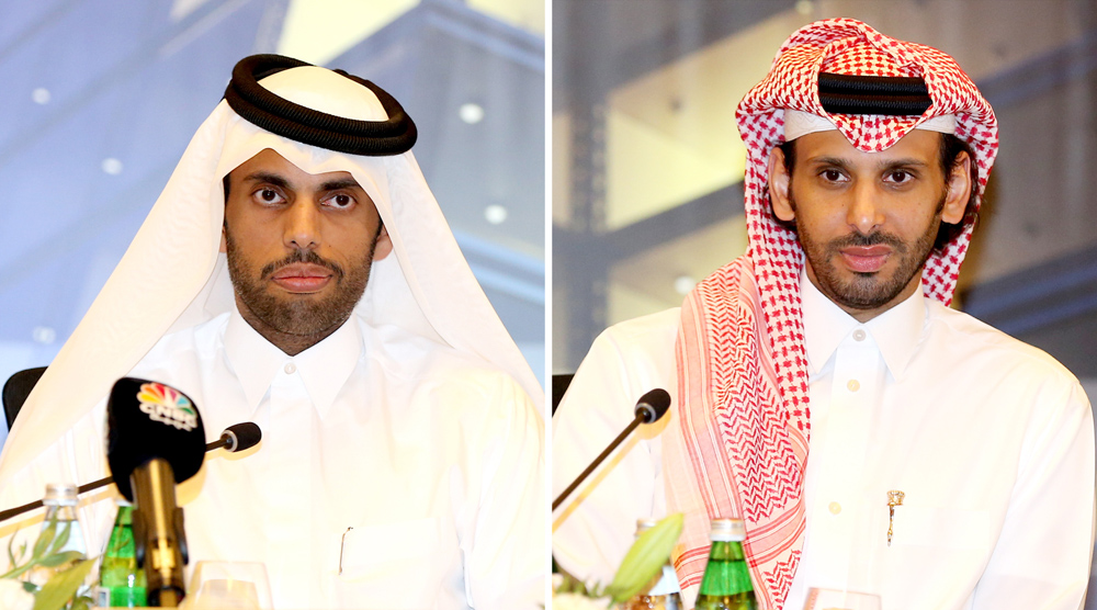 Sheikh Salman bin Hassan Al Thani, Chairman (left) and Sheikh Hamad bin Mohamad bin Khalid Al Thani, Board member and Chief Executive Officer, Mazaya Real Estate Development during the Ordinary General Meeting. PIC: Mohammed Elshaer.