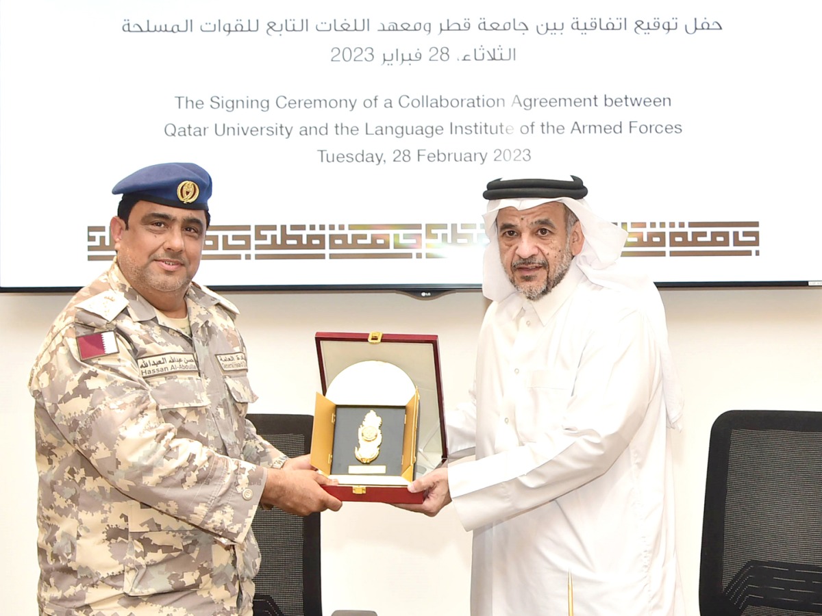 QU Vice-President for Academic Affairs Dr. Omar Al Ansari and Director of the Languages Institute Brigadier General (Pilot) Hassan Abdullah Ahmed Al Abdullah during the ceremony.