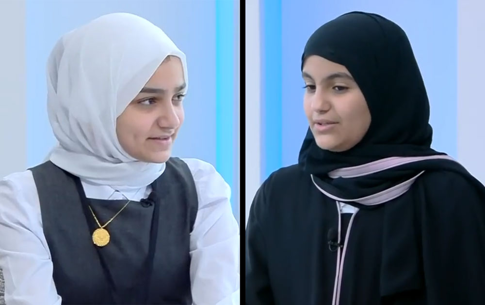 Screen grab of students Rana (left) and Maha speaking to Qatar TV  