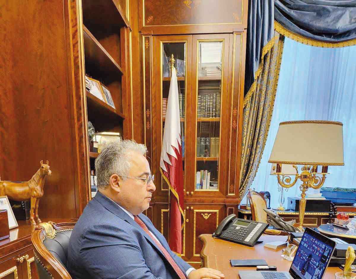 Ambassador of  Qatar to the French Republic H E Sheikh Ali bin Jassim Al Thani participating in the meeting through video conferencing.
