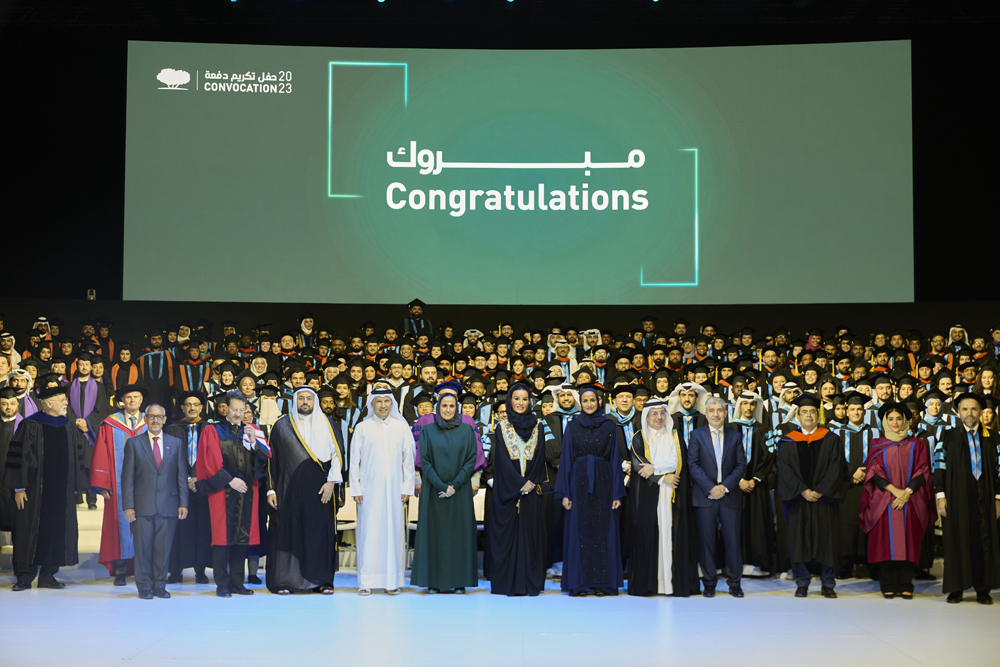 H H  Sheikha Moza bint Nasser, Chairperson of Qatar Foundation, H E Sheikha Hind bint Hamad Al Thani, Vice-Chairperson and CEO of QF, and Chairperson of Qatar Museums, H E Sheikha Al Mayassa bint Hamad bin Khalifa Al Thani, Ministers,  dignitaries, faculty and graduates during QF’s 2023 Convocation ceremony yesterday.