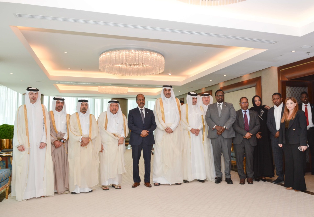President of somalia, h e President hassan sheikh Mahmoud with sheikh Faisal bin Qassim al Thani, QBa Chairman in the presence of dignitaries and officials during the meeting. 
