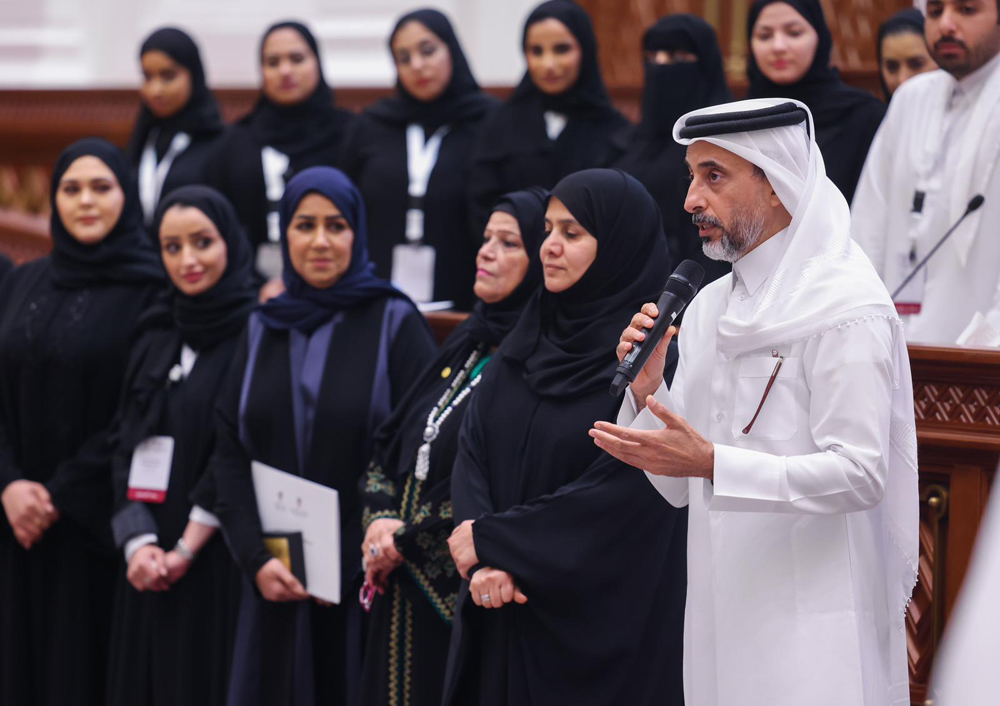 Minister of Sports and Youth H E Salah bin Ghanem Al Ali speaks during the second edition of the 'Simulation of the Shura Council Sessions' as Deputy Speaker of the Shura Council H E Dr. Hamda bint Hassan Al Sulaiti and others look on.