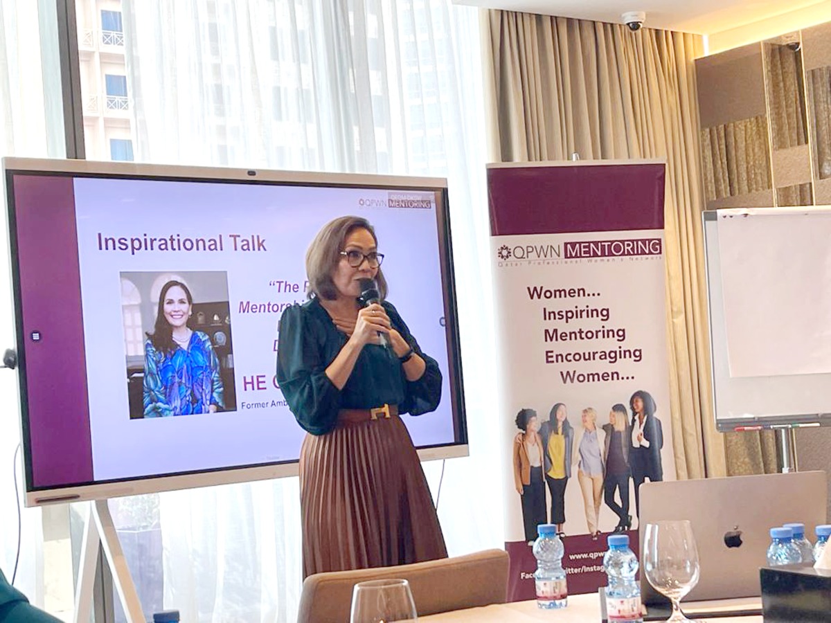 Former Ambassador of Mexico to Qatar Graciela Gomez speaking during the QPWN mid-year gathering.