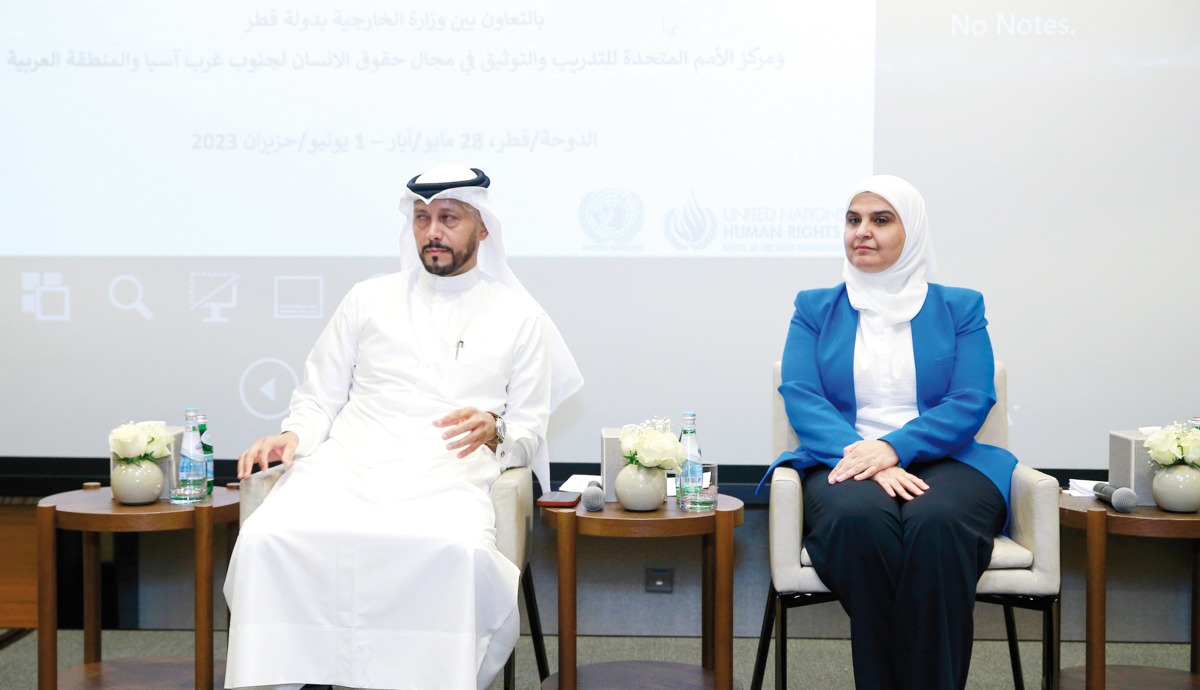 Director of MoFA’s Human Rights Department Dr. Turki bin Abdullah Al Mahmoud and Director of UN Training and Documentation Centre for Southwest Asia and the Arab Region, Dr. Abeer Al Khraisha during the opening of the training.