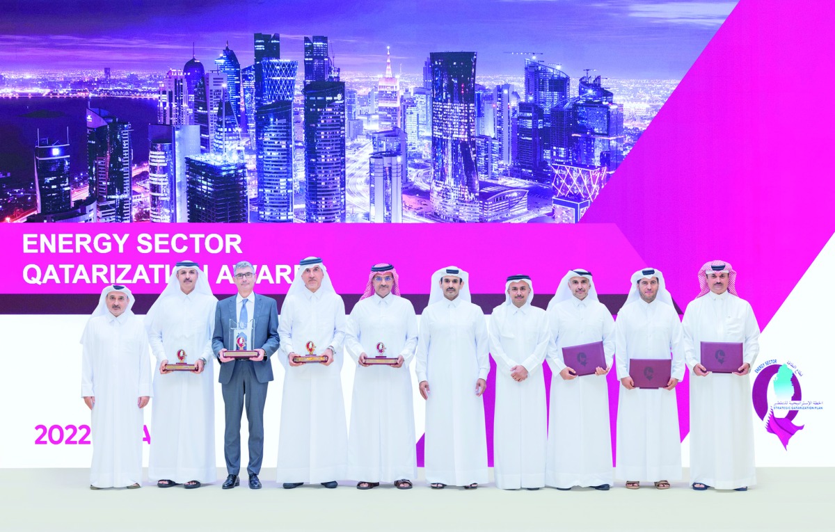 Minister of State for Energy Affairs and the President and CEO of QatarEnergy H E Saad Sherida Al Kaabi, along with other officials during the 23rd Annual Qatarization Review Meeting.