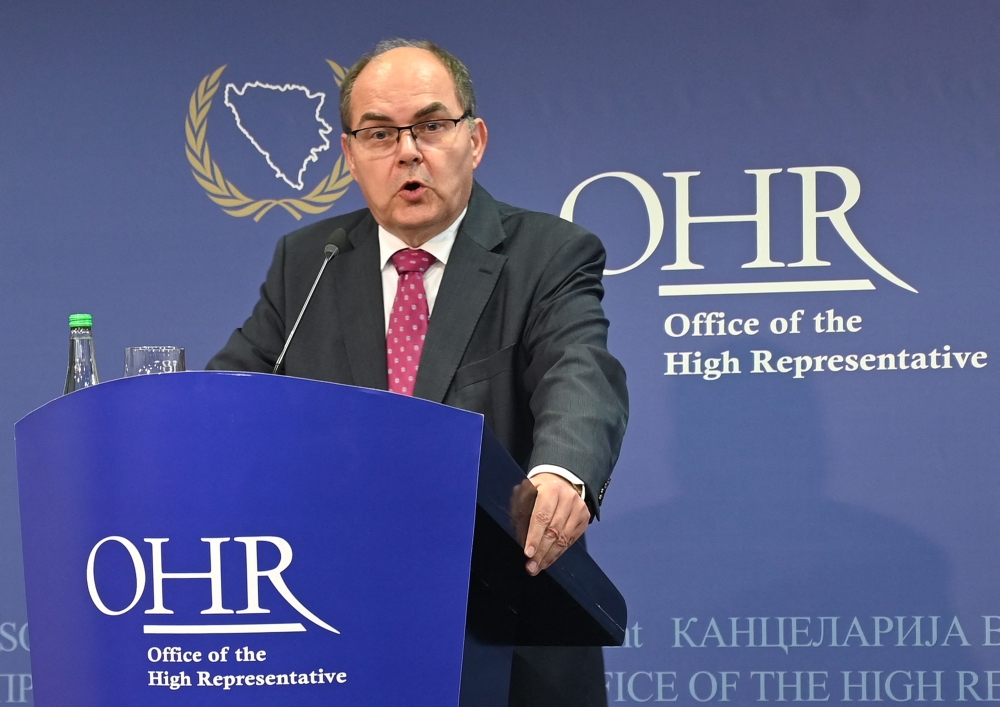 Christian Schmidt, the High Representative for Bosnia and Herzegovina, speaks during a news conference held by the Office of the High Representative (OHR) as he announces his decision to intervene into criminal laws and Constitution of Bosnia and Herzegovina in order to maintain full capacity of county's Constitutional Court, in Sarajevo, on July 1, 2023. (Photo by ELVIS BARUKCIC / AFP)