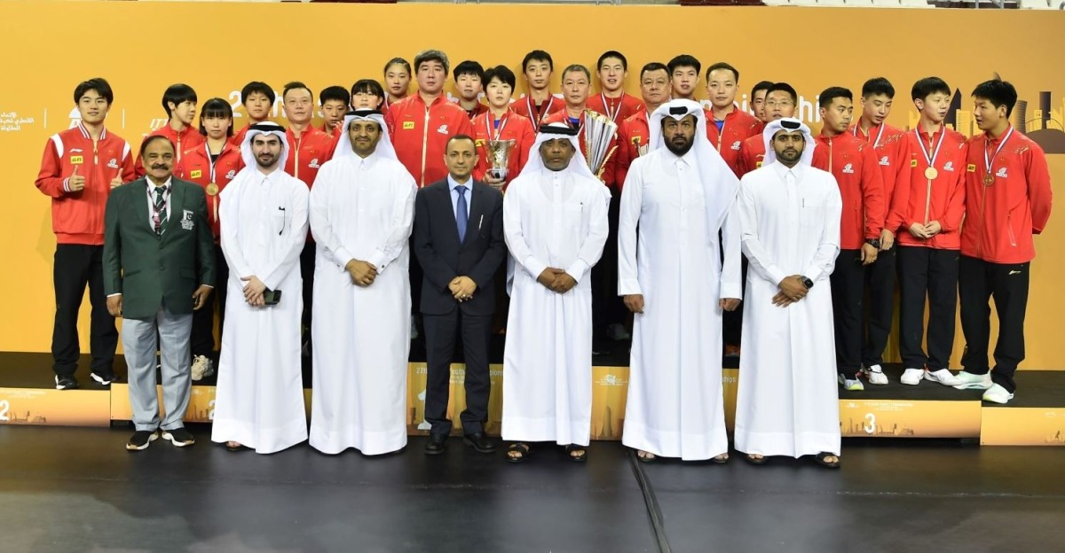 QTTA President Khalil Al Mohannadi along with other officials poses for a group photo with the winners on third day of the championships.