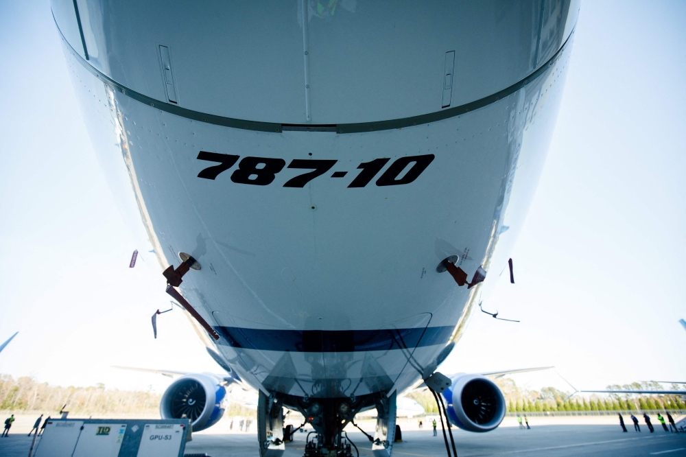 (FILES) The exterior of a 787 Dreamliner at the Boeing manufacturing facility in North Charleston, on December 13, 2022. (Photo by Logan Cyrus / AFP)
