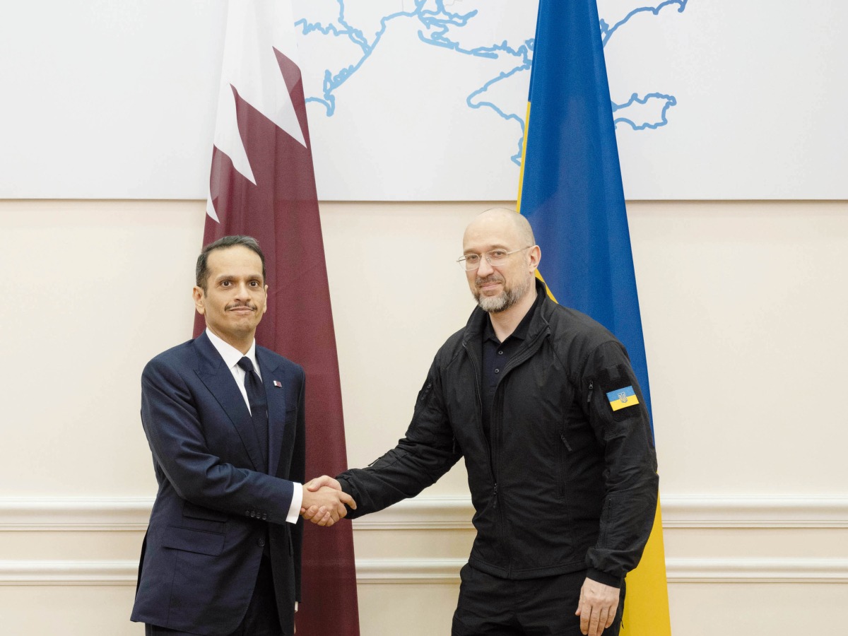 Prime Minister and Minister of Foreign Affairs H E Sheikh Mohammed bin Abdulrahman bin Jassim Al Thani with Prime Minister of Ukraine H E Denys Shmyhal