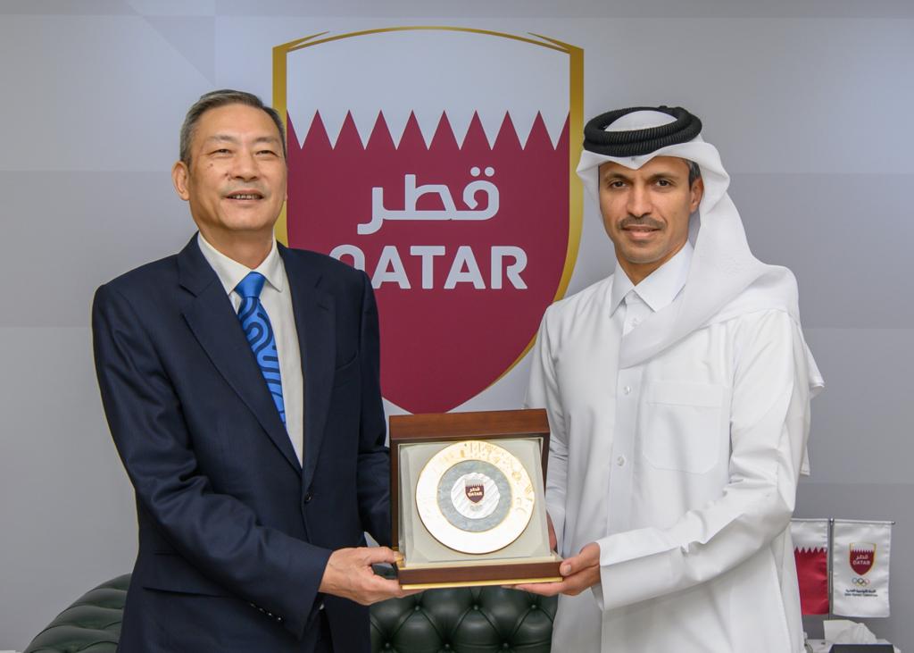 Qatar Olympic Committee Secretary General Jassim Rashid Al Buenain met with the Deputy Commander of the Operation Center of the 19th Asian Games Hangzhou Miao Chengchao, and the accompanying delegation, yesterday.