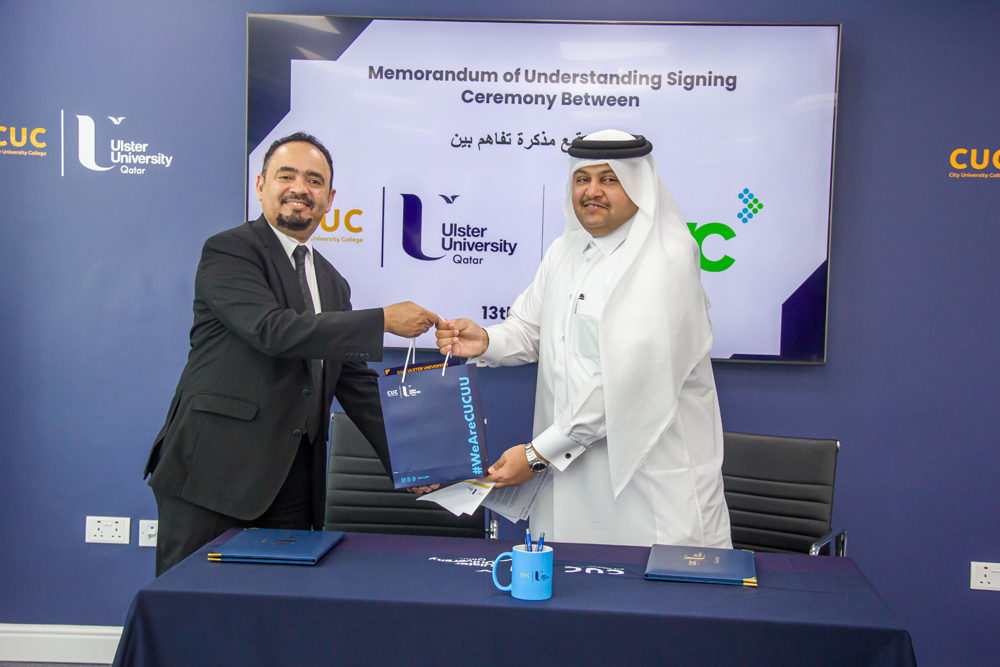 Dr. Faris Gorashi, Executive Dean, Ulster University welcomes GWC human resources director Hamad M Abuqaba at the MoU signing setting up an array of internship and job opportunities for CUC Ulster University students.