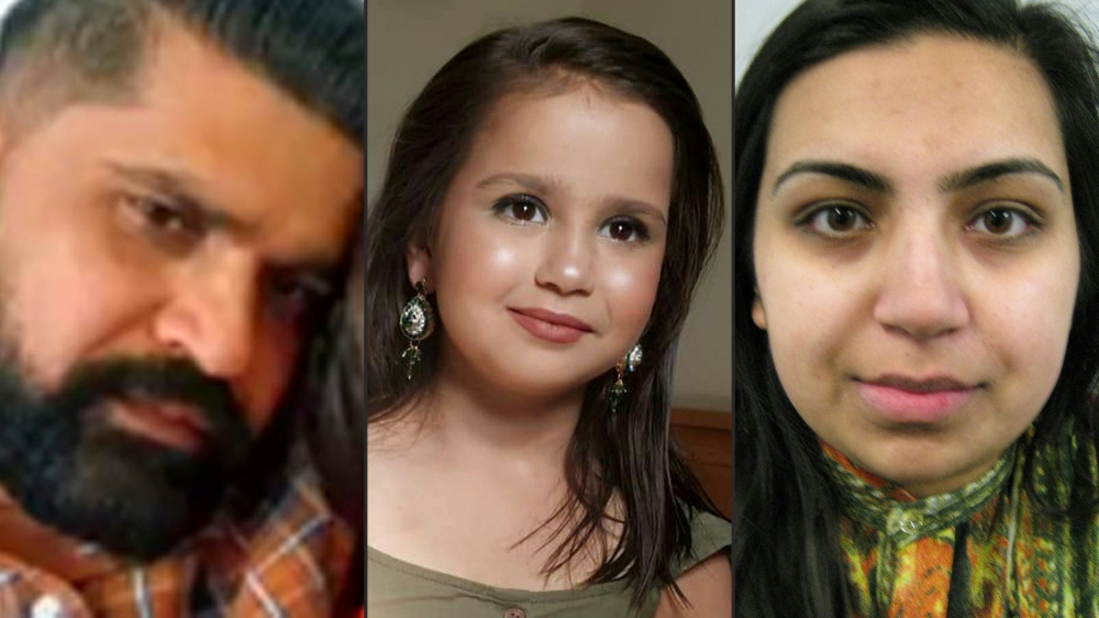 (COMBO) This combination of undated handout pictures released by Surrey Police in London and created on September 06, 2023, shows Sara Sharif (C), her father Urfan Sharif (L) and his wife Beinash Batool. (Photo by Surrey Police / AFP)