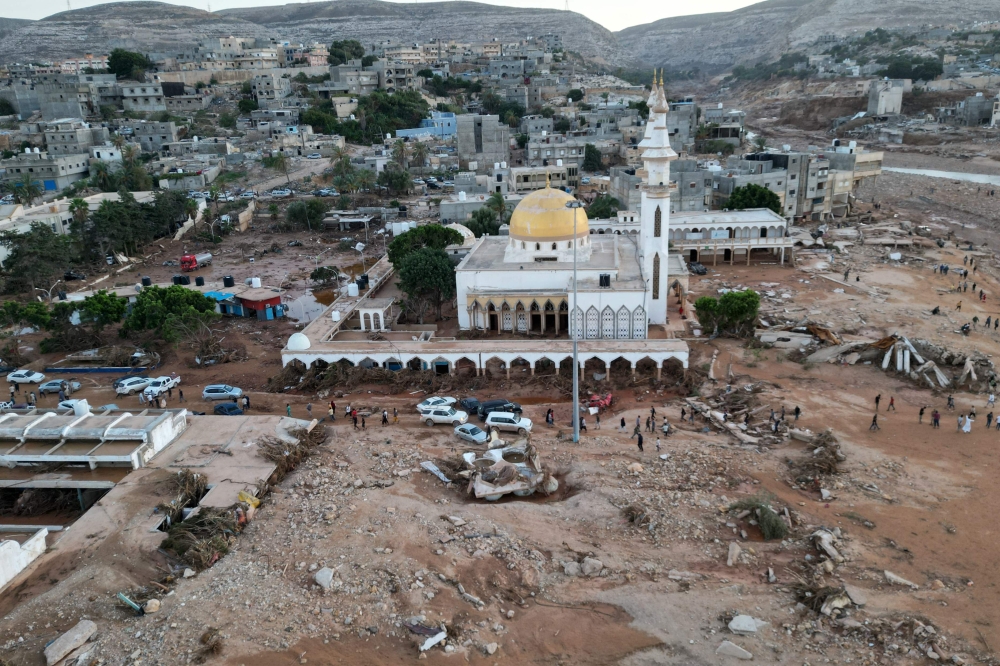 In this aerial view, a mosque stands amid the destruction caused by flash floods after the Mediterranean storm 
