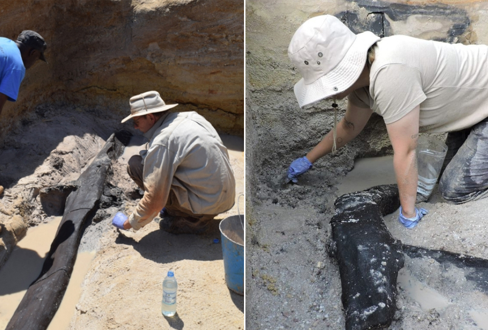 These two combined pictures taken on July 2019 and released on September 20, 2023 by Liverpool university show archaeologists at work during the excavation of a wooden structure at the prehistorical site of Kalambo Falls in Zambia. (Photo by Larry BARHAM / Liverpool University / AFP) 