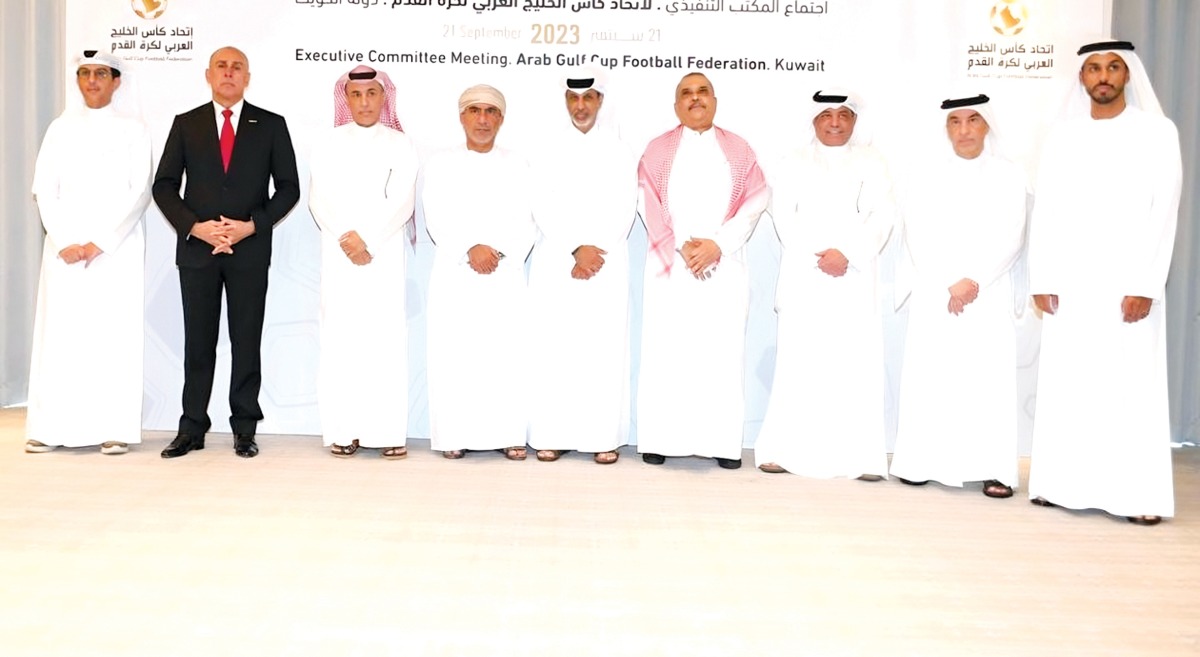 The members of the Executive Office of the Gulf Football Association, led by its President Sheikh Hamad bin Khalifa bin Ahmed Al Thani (centre), pose for a photograph during a meeting held in Kuwait, yesterday. 
