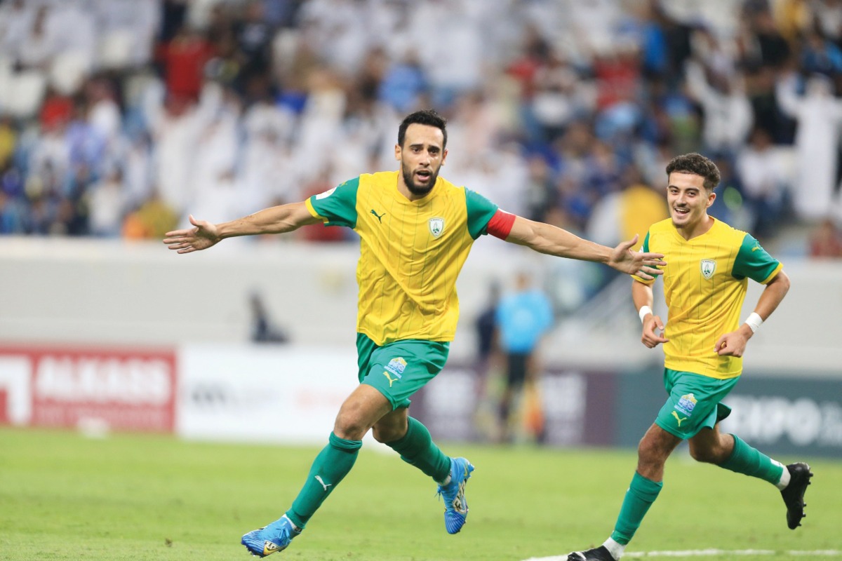 Al Wakrah's Mohamed Benyettou celebrates after scoring his second goal against Al Rayyan, yesterday.