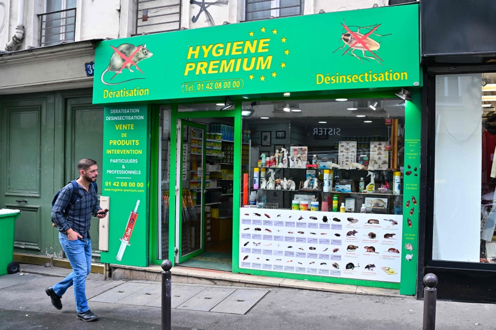 This photograph taken on October 3, 2023 in Paris shows a general view of the Hygiene Premium pest control shop. (Photo by MIGUEL MEDINA / AFP)
