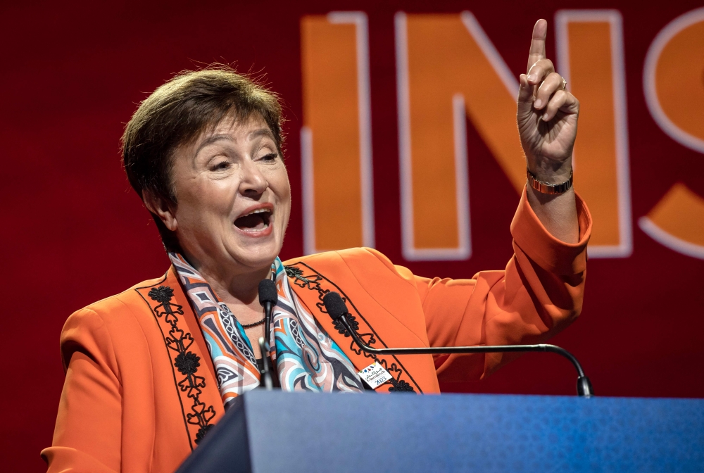 Managing Director of the International Monetary Fund, Kristalina Georgieva, speaks during the first day of the annual meetings of the International Monetary Fund (IMF) and the World Bank Group (WBG), in Marrakesh on October 9, 2023. (Photo by Fadel Senna / AFP)