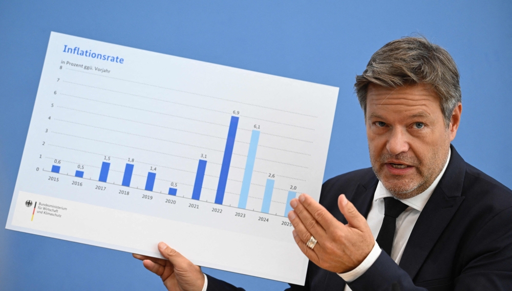 German Minister of Economics and Climate Protection Robert Habeck shows an inflation rate graph as he gives a press conference on the new 2023 economic growth forecast, in Berlin, on October 11, 2023. (Photo by Tobias SCHWARZ / AFP)
