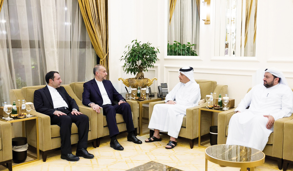 Prime Minister and Minister of Foreign Affairs H E Sheikh Mohammed bin Abdulrahman bin Jassim Al Thani met Minister of Foreign Affairs of the Islamic Republic of Iran H E Dr. Hossein Amir Abdollahian in Doha yesterday. Minister of State at the Ministry of Foreign Affairs H E Dr. Mohammed bin Abdulaziz bin Saleh Al Khulaifi also attended the meeting.