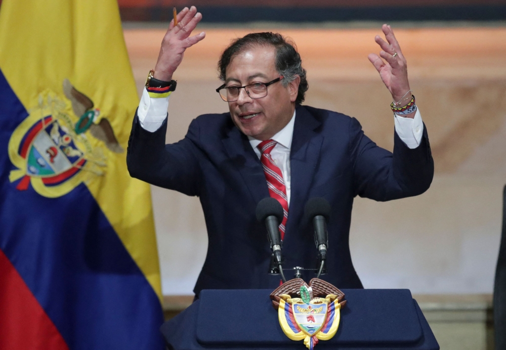 (FILES) Colombian President Gustavo Petro delivers a speech during the installation of the ordinary sessions of the Congress in Bogota on July 20, 2023. (Photo by Juan Pablo Pino / AFP)
