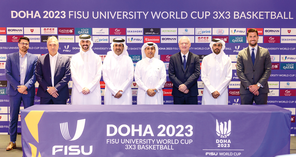 Qatar Collegiate Sports Federation President Dr. Ibrahim bin Saleh Al Naimi, Secretary General Rashid Saeed Adiba and FISU Sports Director Juan Carlos with other officials during a press conference, yesterday.