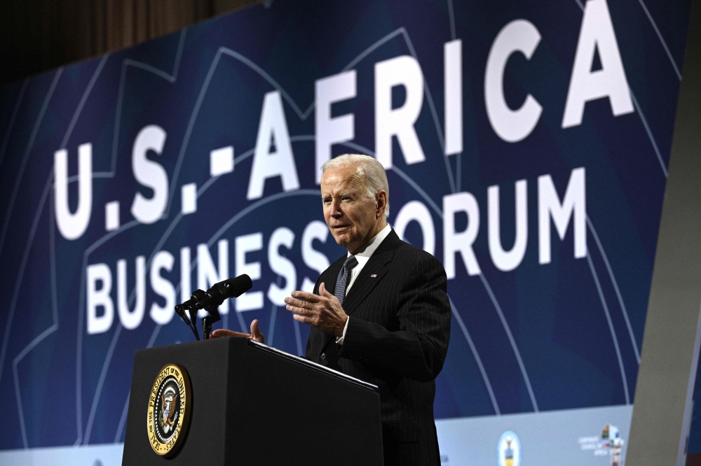 US President Joe Biden speaks at the US-Africa Business Forum during the US-Africa Leaders Summit at the Walter E. Washington Convention Center in Washington, DC on December 14, 2022. (Photo by Brendan SMIALOWSKI / AFP)

