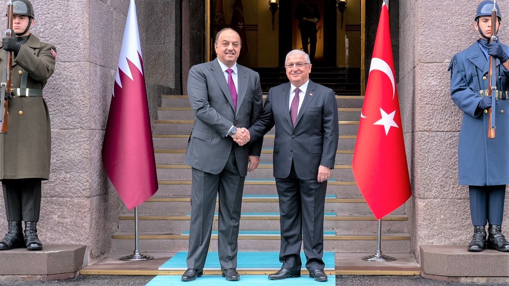 Deputy Prime Minister and Minister of State for Defense Affairs H E Dr. Khalid bin Mohammed Al Attiyah (left) with Turkish Minister of National Defense H E Yasar Guler in Ankara yesterday.
