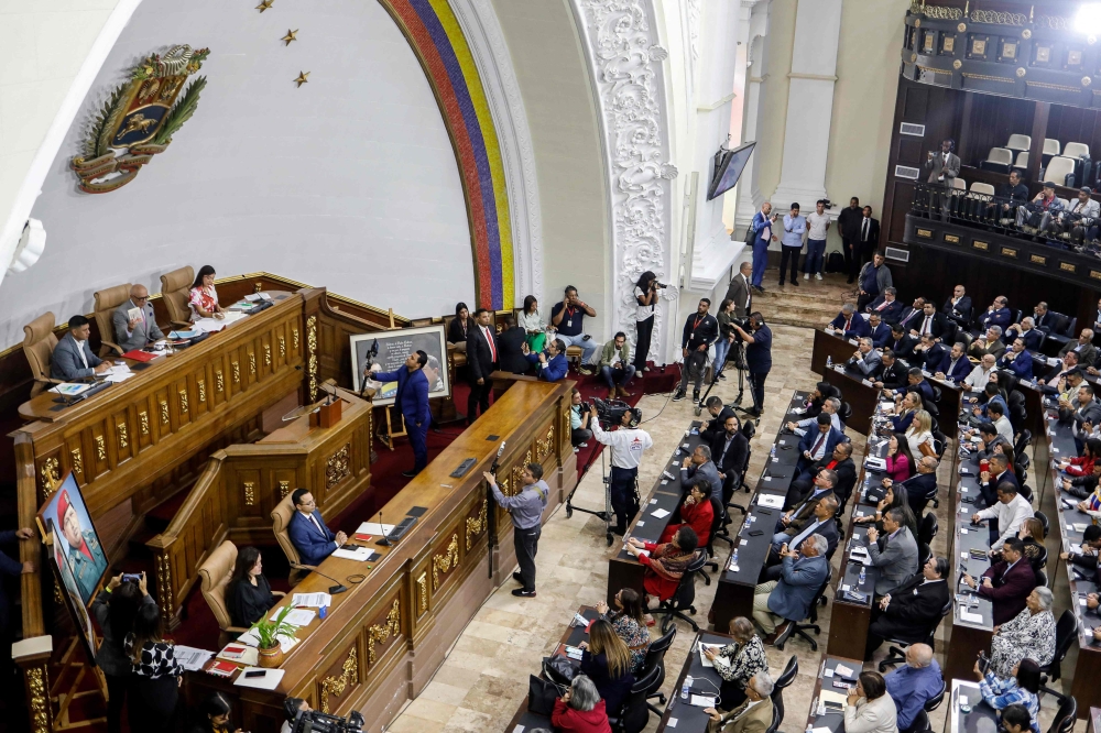 General view of Venezuela's National Assembly during the presentation of the new map of Venezuela with the accession of Guyana Essequiba during a session at the National Assembly in Caracas, taken on December 6, 2023. (Photo by Pedro Rances Mattey / AFP)

