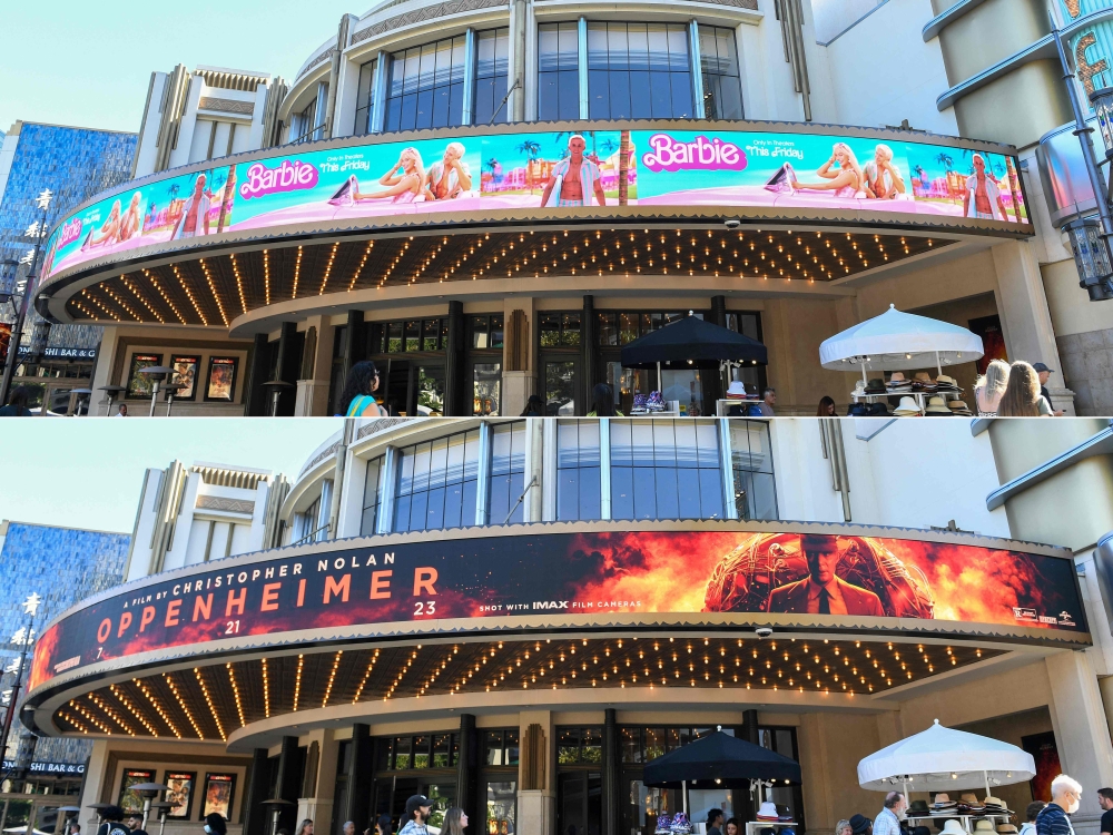 This combination of pictures created on December 10, 2023 shows Grove's Theater marquee announcing the opening of 