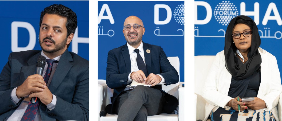 (From left) Former Minister of Youth and Sports of Yemen and Partner DeepRoot  H E Rafat Al Akhali, Minister of Environment of Lebanon H E Dr. Nasser Yassin, and Chief Climate Change and Green Growth Specialist, African Development Bank Dr. Balgis Osman Elasha at the event in Doha.
