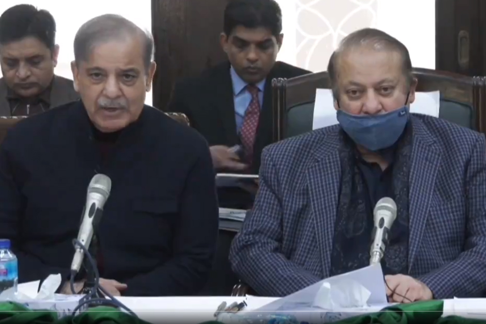 President Pakistan Muslim League-Nawaz Shehbaz Sharif addressing a meeting with former Pakistani Prime Minister Nawaz Sharif 