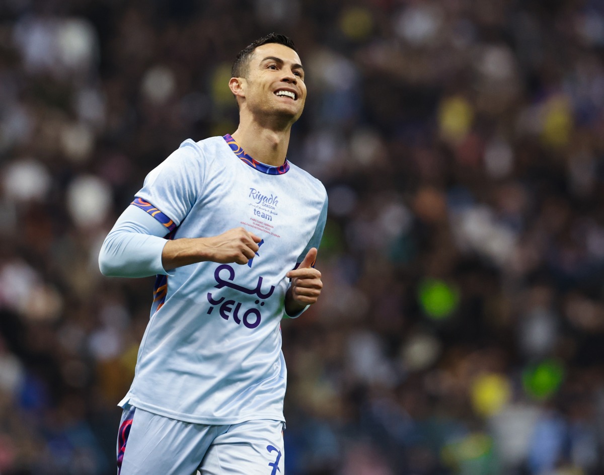 Riyadh Season Team's Cristiano Ronaldo reacts during the Riyadh Season Cup match between Riyadh Season Team and Paris Saint-Germain FC at King Fahd International Stadium in Riyadh, Saudi Arabia, on Jan. 19, 2023. Photo by Khalid Abdulfaattah/Xinhua